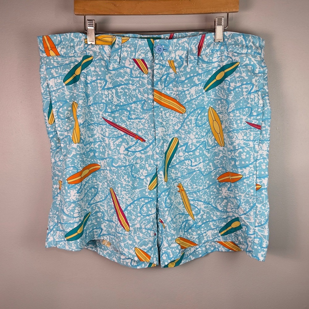 Liquid Flow Board Shorts Mens 38W Blue Excellent Surfboard Print Beachwear